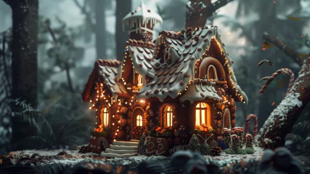 HD desktop wallpaper of a whimsical gingerbread house with glowing windows in a snowy forest setting.