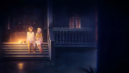 Anime-style 4K Ultra HD wallpaper featuring Rudeus Greyrat and Sylphiette from Mushoku Tensei: Jobless Reincarnation sitting together on illuminated steps at night.