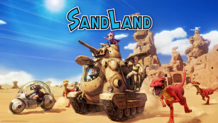 HD desktop wallpaper of Sand Land video game featuring characters and a tank in a desert setting.