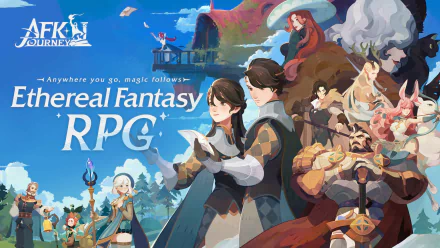 HD desktop wallpaper for the video game 'AFK Journey' featuring a vibrant illustration of fantasy characters and a mystical landscape with the tagline Anywhere you go, magic follows - Ethereal Fantasy RPG.