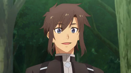 HD desktop wallpaper of a smiling male anime character from Chillin' in Another World with Level 2 Super Cheat Powers with a backdrop of a green forest.