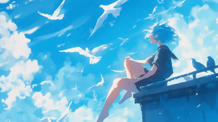 Anime girl birdwatching on a sunny day, with seagulls flying in the blue sky, as a captivating HD desktop wallpaper.