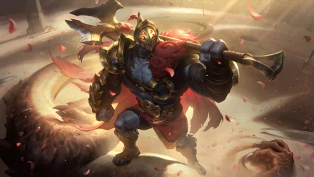 HD desktop wallpaper featuring Jax from League of Legends, brandishing his weapon in a dynamic battle pose with a glowing effect and petals swirling around him.