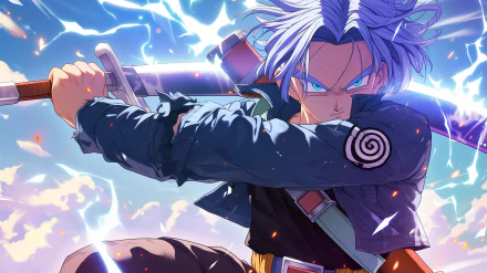 HD desktop wallpaper featuring the anime character Trunks from Dragon Ball Z, posed with a sword, against a dynamic background with lightning effects.