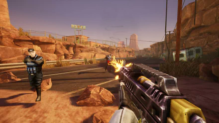 HD desktop wallpaper from the video game Phantom Fury, featuring a first-person view of a weapon being fired at an enemy in a desert road setting.