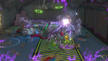 HD desktop wallpaper featuring a dynamic scene from the video game Teenage Mutant Ninja Turtles Arcade: Wrath of the Mutants, with characters engaged in an intense battle surrounded by vibrant special effects.
