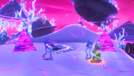 HD Wallpaper from the video game Teenage Mutant Ninja Turtles Arcade: Wrath of the Mutants featuring characters in a surreal, alien-like landscape with purple hues and vibrant crystal structures.