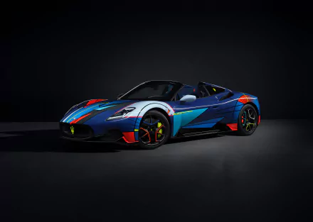 A Maserati MC20 sports car with a distinctive blue and red livery, poised on a dark background suitable as an HD desktop wallpaper.