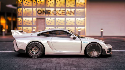 HD wallpaper featuring a Rezvani Retro RR1 sports car parked in an urban setting.