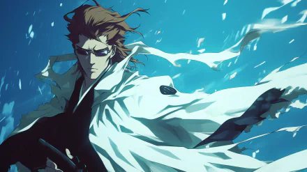 HD wallpaper featuring Sōsuke Aizen from the anime Bleach, depicted with a dynamic pose against a blue background with swirling white energy or wind around him.