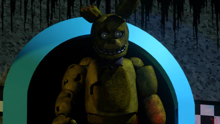 8K Ultra HD desktop wallpaper featuring an eerie animatronic from Five Nights at Freddy's 2, set against a dark, textured background with a glowing blue arch.