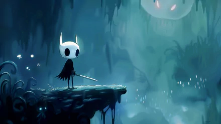 HD desktop wallpaper from the video game Hollow Knight featuring the silhouette of the main character standing on a ledge with a sword, set against a mystical, blue-tinged forest background with a faint image of a creature's glowing eyes.