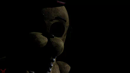 Dark, detailed close-up of an animatronic face from Five Nights at Freddy's 2, rendered in 8K Ultra HD for a PC desktop wallpaper background.