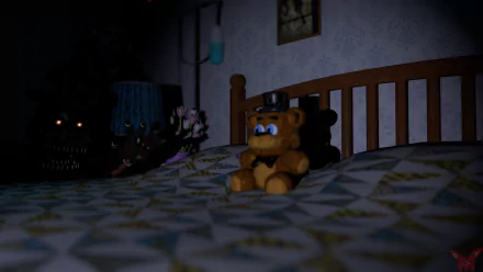 Nightmare Freddy from Five Nights at Freddy's 4 sits on a bed in a dark, eerie room; 8K Ultra HD video game wallpaper capturing the game's haunting atmosphere.