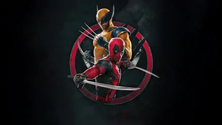 HD wallpaper featuring Deadpool and Wolverine, showcasing their iconic costumes and weapons against a dark background, capturing the dynamic between these beloved characters.