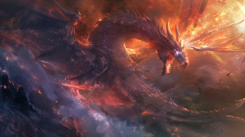 {{ HD desktop wallpaper featuring an artistic depiction of a majestic, fiery dragon in a dynamic fantasy setting. 