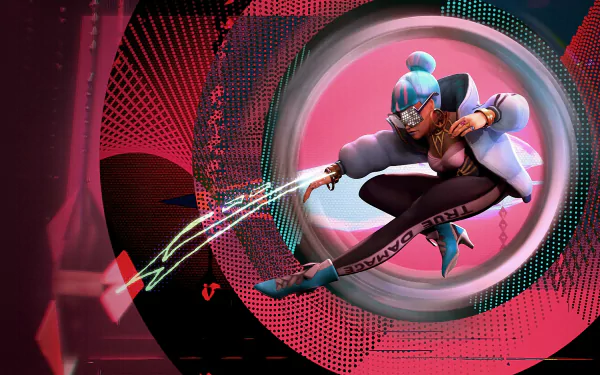HD wallpaper featuring Qiyana from League of Legends with a dynamic pose set against a stylistic, abstract background.