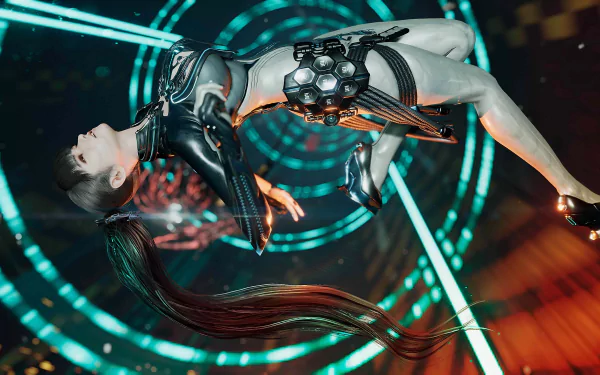 Stellar Blade video game HD wallpaper featuring futuristic female character in action amid vibrant neon lights.