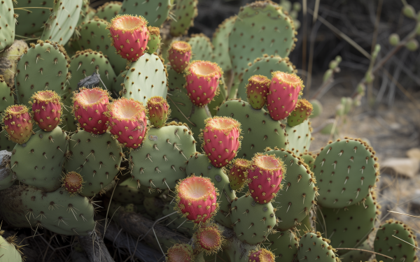 HD wallpaper of prickly pear cactus with vibrant red fruit, perfect for a nature-themed desktop background.