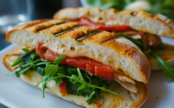 A deliciously grilled panini filled with fresh greens, tomatoes, and cheese, served on a plate, making for an inviting HD desktop wallpaper and background.
