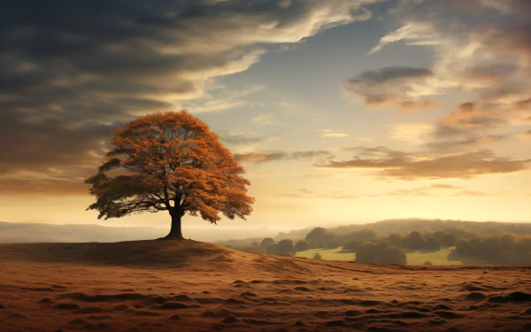 A striking oak tree stands alone in a serene landscape at sunset, with golden light illuminating the scene, making it an inspiring HD desktop wallpaper.