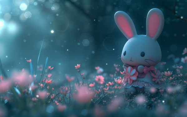 HD desktop wallpaper featuring a cute animated bunny amidst a magical field of pink flowers with a dreamy blue glow.