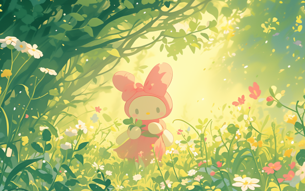 HD desktop wallpaper featuring My Melody from Sanrio's Onegai My Melody, set in a serene pastel-colored flower garden with a soft, magical ambiance.