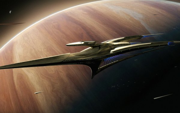 HD sci-fi wallpaper featuring a sleek spaceship soaring past a gas giant for a desktop background.