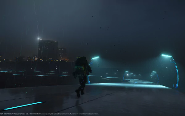 HD wallpaper of a mysterious figure in Death Stranding 2: On The Beach video game with futuristic cityscape background.