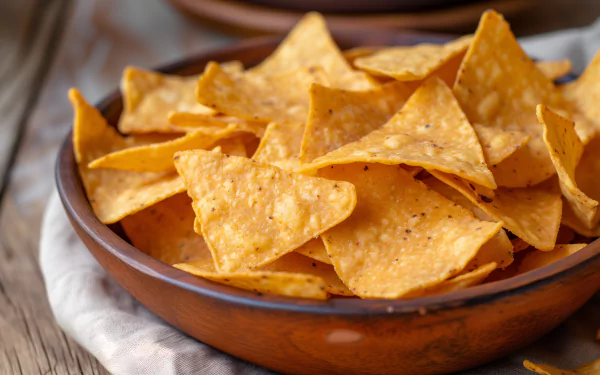 A close-up of golden tortilla chips arranged in a rustic bowl, set against a warm wooden background. This vibrant image makes for an appealing HD desktop wallpaper.