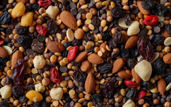 High-definition desktop wallpaper featuring a colorful assortment of trail mix with nuts, seeds, dried fruits, and chocolate chips.