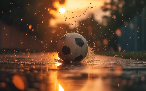 Soccer ball on wet surface with sunset backdrop HD desktop wallpaper.