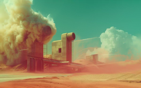 HD wallpaper of a retro-futuristic structure on a desert planet, with vibrant orange tones and plumes of smoke, embodying a vintage sci-fi aesthetic.