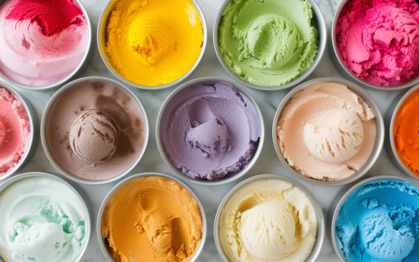 A colorful array of gelato in various flavors, displayed in round containers on a marble surface, creates a vibrant and appetizing desktop wallpaper.