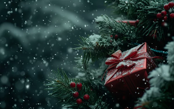 HD desktop wallpaper featuring a Christmas present nestled in snow-covered evergreen branches with red berries and gentle snowfall.