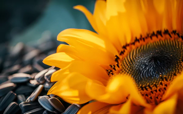 Vibrant macro shot of a sunflower with seeds for HD desktop wallpaper.