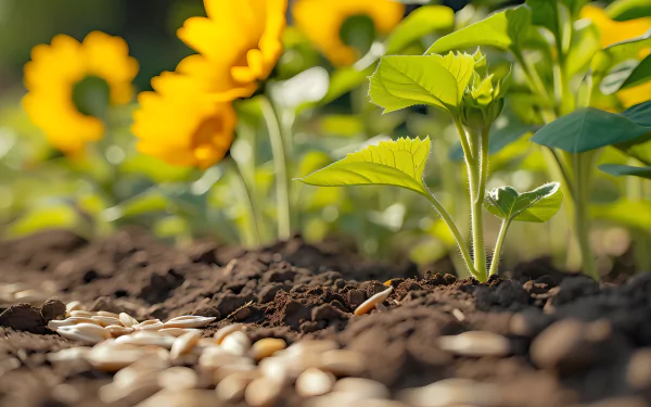 HD wallpaper of a sunflower sprout growing from soil with seeds nearby, vibrant sunflowers blooming in the background, in daylight.