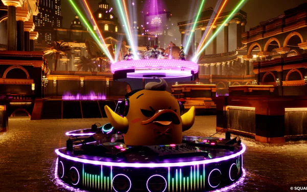 HD desktop wallpaper featuring a Foamstars video game scene with vibrant laser lights and character on a floating stage in a digital cityscape.