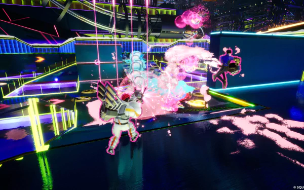 HD wallpaper featuring an action scene from the video game Foamstars, with vibrant neon graphics and futuristic characters in combat.