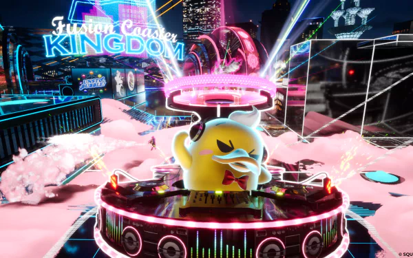 A vibrant HD desktop wallpaper from the video game Foamstars, featuring a colorful scene with a quirky character in a neon-lit environment, showcasing a playful fusion of fun and creativity.