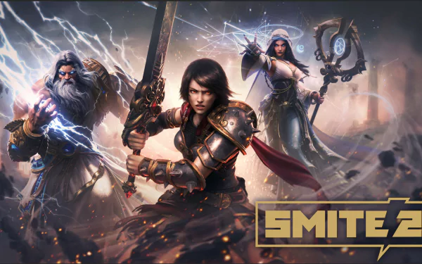 HD wallpaper featuring dynamic artwork from the video game Smite 2, showcasing three powerful characters ready for battle with the game's logo prominently displayed.