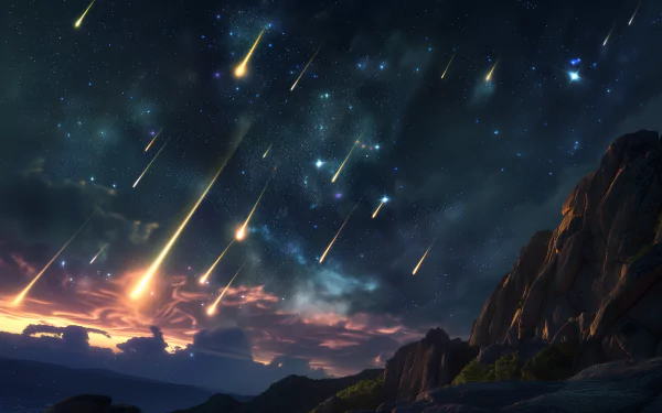 Stunning HD desktop wallpaper of a meteor shower lighting up the starry night sky above a rocky landscape.