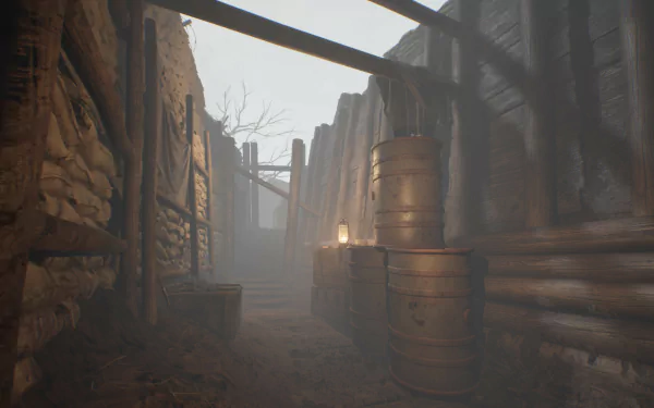 HD desktop wallpaper featuring a foggy, atmospheric scene from the video game Ad Infinitum with a dimly lit pathway between old barrels and war-torn buildings.