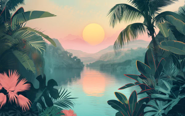 HD desktop wallpaper featuring a serene nature scene with lush foliage at sunset, reflecting in the calm waters of a river.