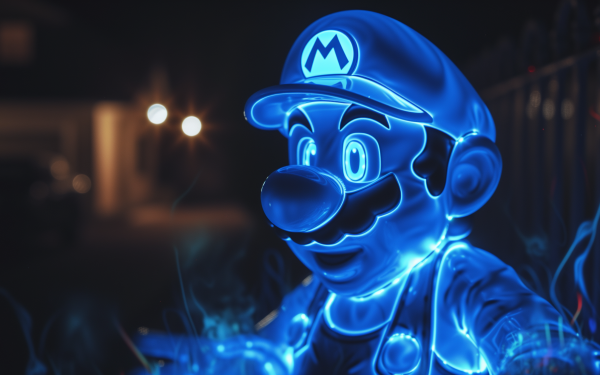 HD wallpaper featuring a neon blue illuminated illustration of the iconic video game character Mario for desktop backgrounds.