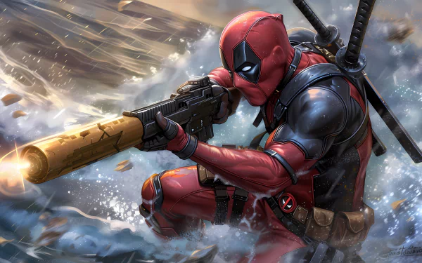HD Deadpool fan art desktop wallpaper featuring the superhero in action with a gun and dynamic background.
