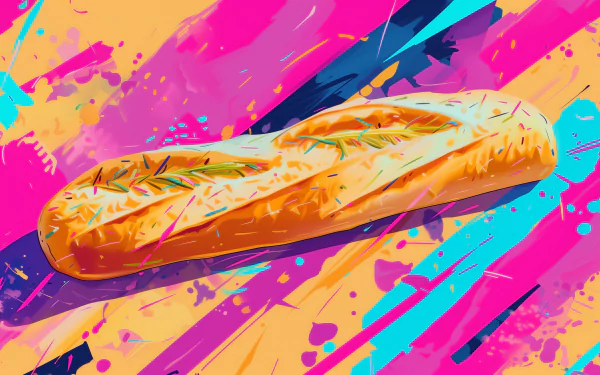A vibrant digital wallpaper featuring a golden baguette against a colorful, abstract background, showcasing a blend of pinks, blues, and yellows for a lively kitchen aesthetic.