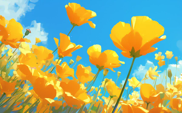 Bright orange California poppies against a blue sky, HD nature desktop wallpaper and background.