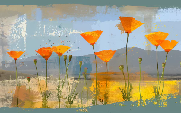 A vibrant display of California poppies in bright orange bloom against a textured background of soft blues and earth tones, creating a stunning nature-inspired HD wallpaper.