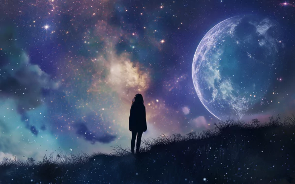 A silhouette of a person gazes at a mesmerizing starry night sky, filled with vibrant colors and a large moon, capturing the beauty of stargazing in this HD wallpaper.